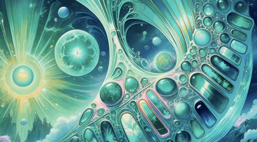 A teal and green alien meadow with arching organic structures, representing the best visuals for deep psychedelic journey.